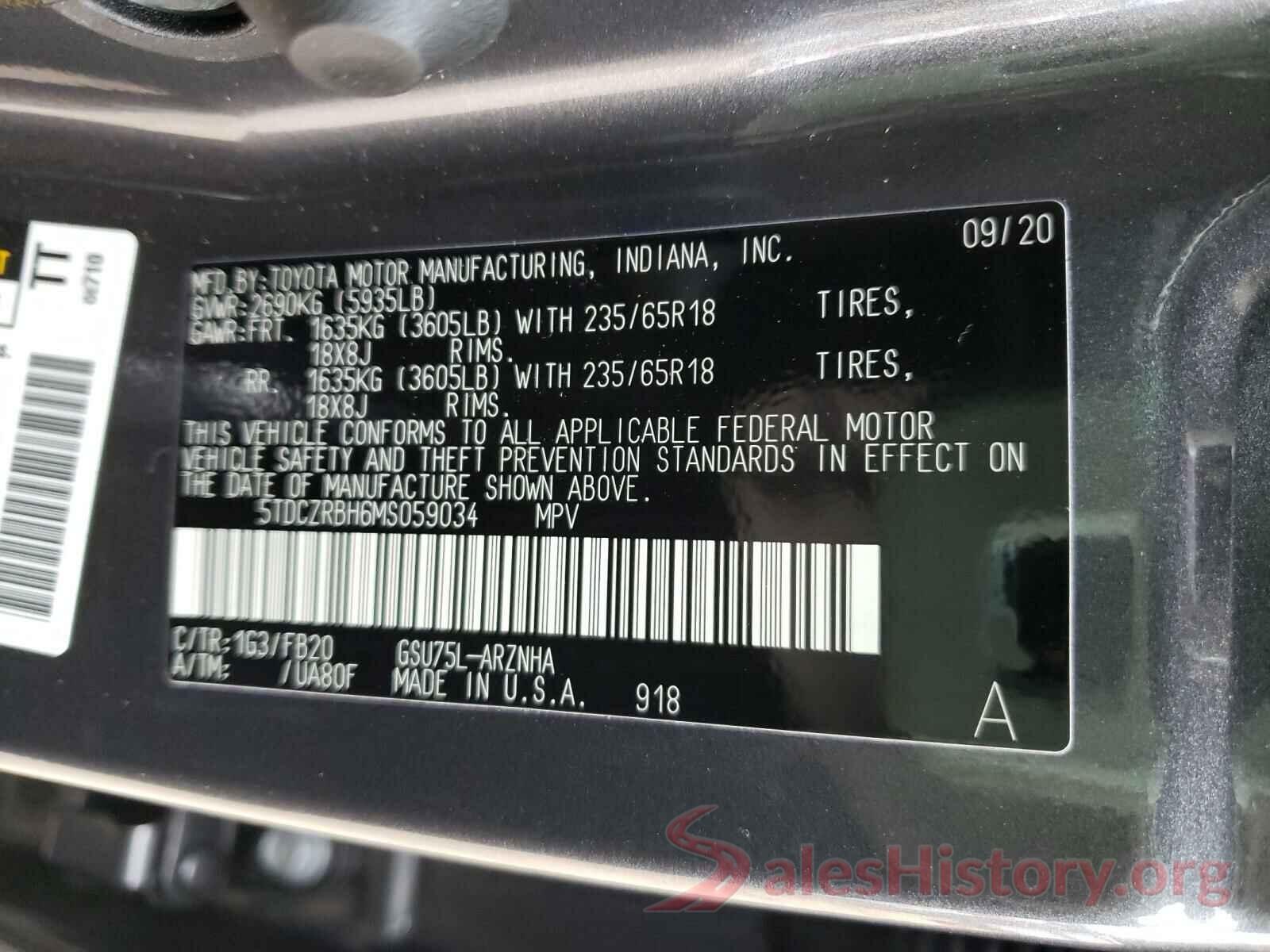 5TDCZRBH6MS059034 2021 TOYOTA HIGHLANDER