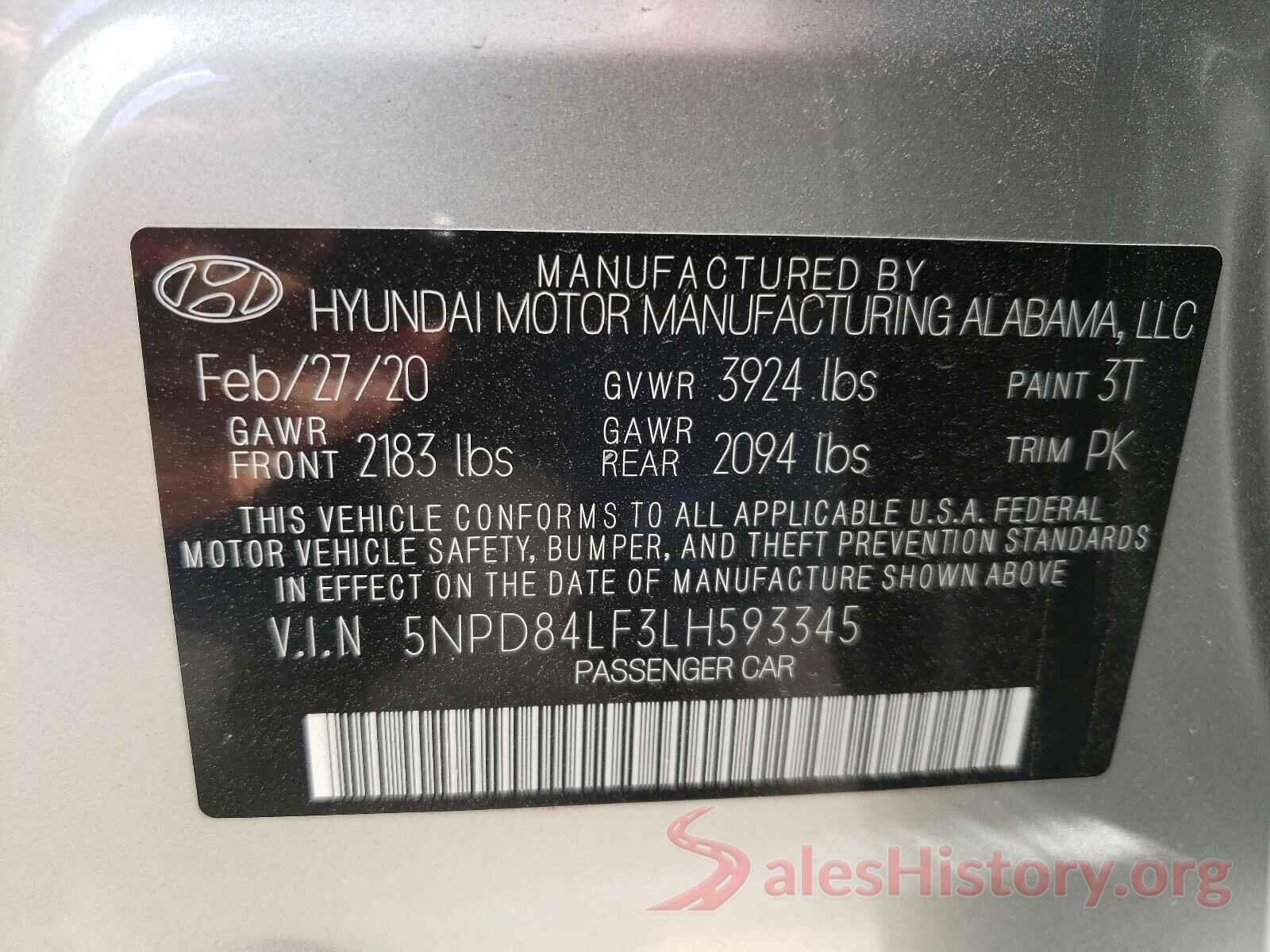 5NPD84LF3LH593345 2020 HYUNDAI ELANTRA