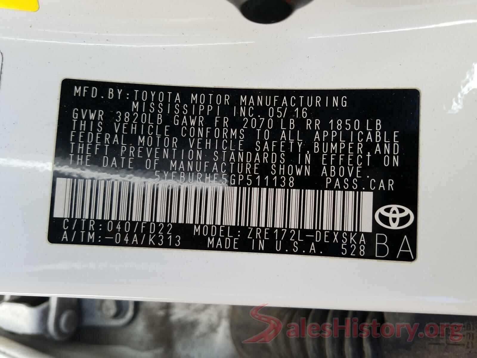 5YFBURHE5GP511138 2016 TOYOTA COROLLA