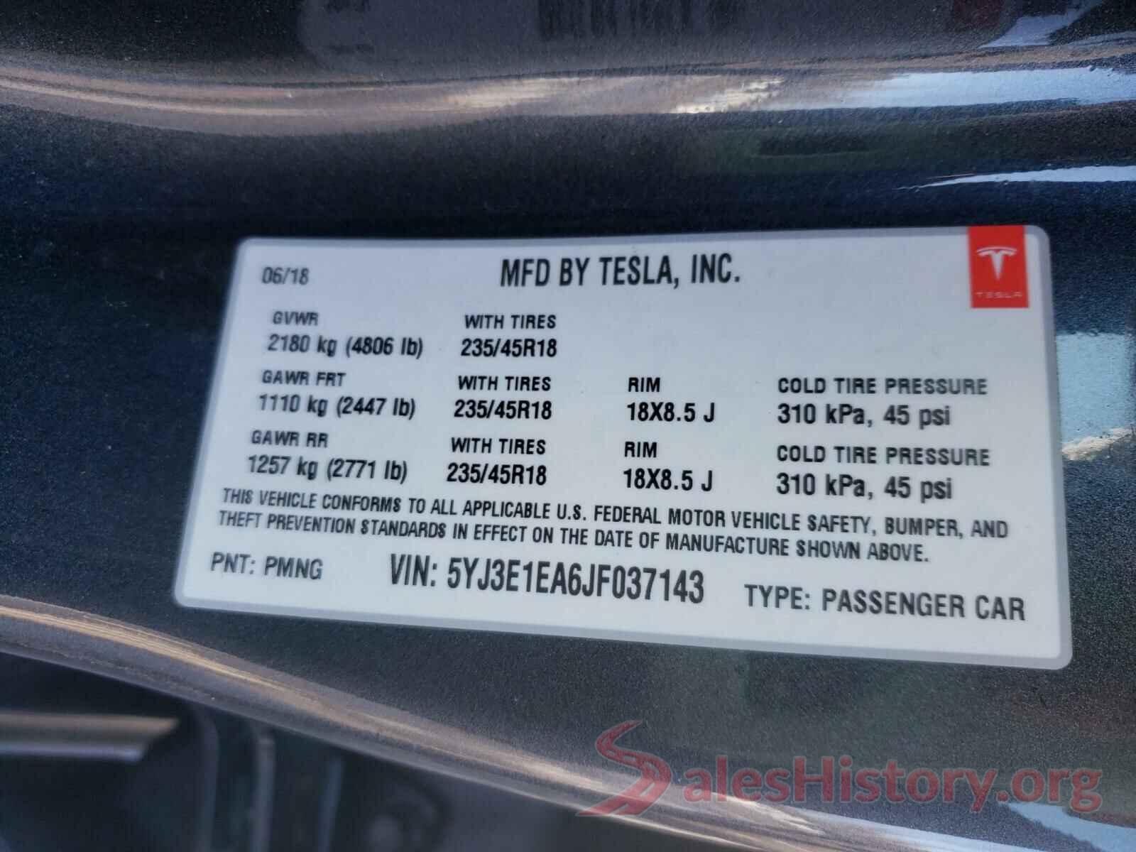 5YJ3E1EA6JF037143 2018 TESLA MODEL 3