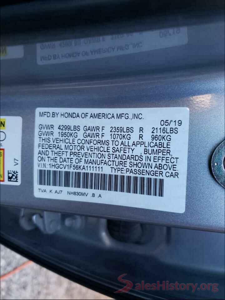 1HGCV1F56KA111111 2019 HONDA ACCORD