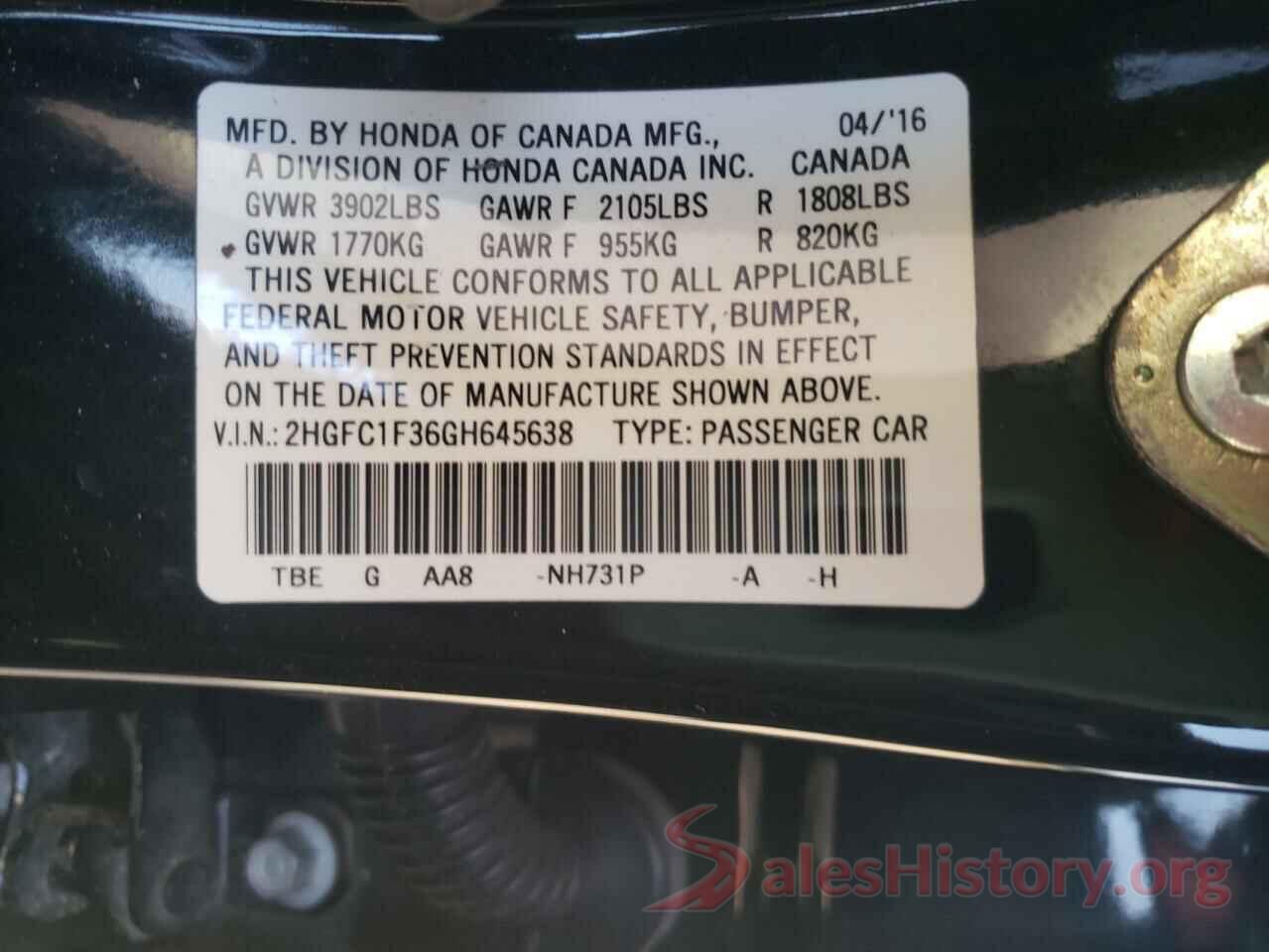 2HGFC1F36GH645638 2016 HONDA CIVIC