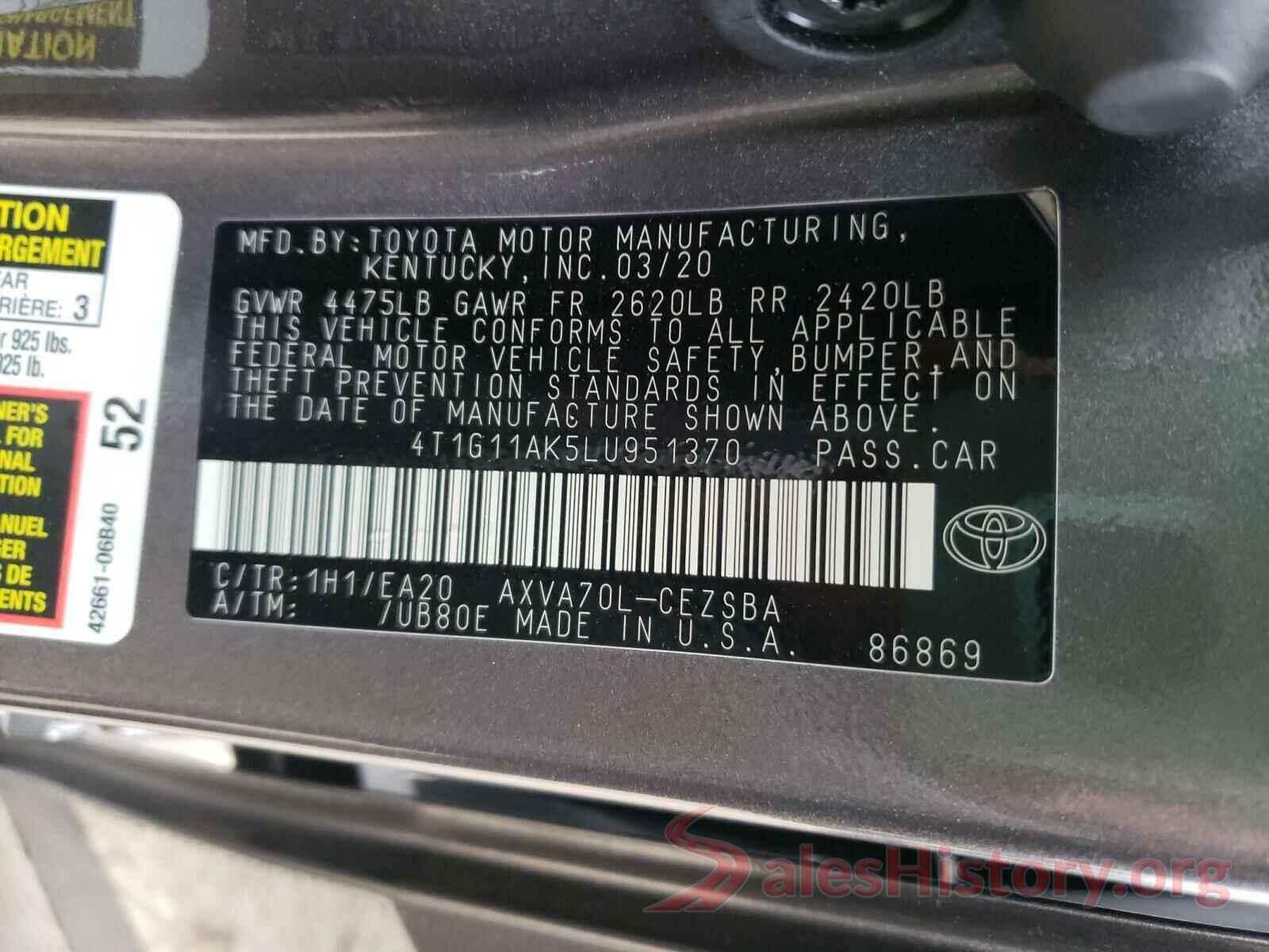 4T1G11AK5LU951370 2020 TOYOTA CAMRY