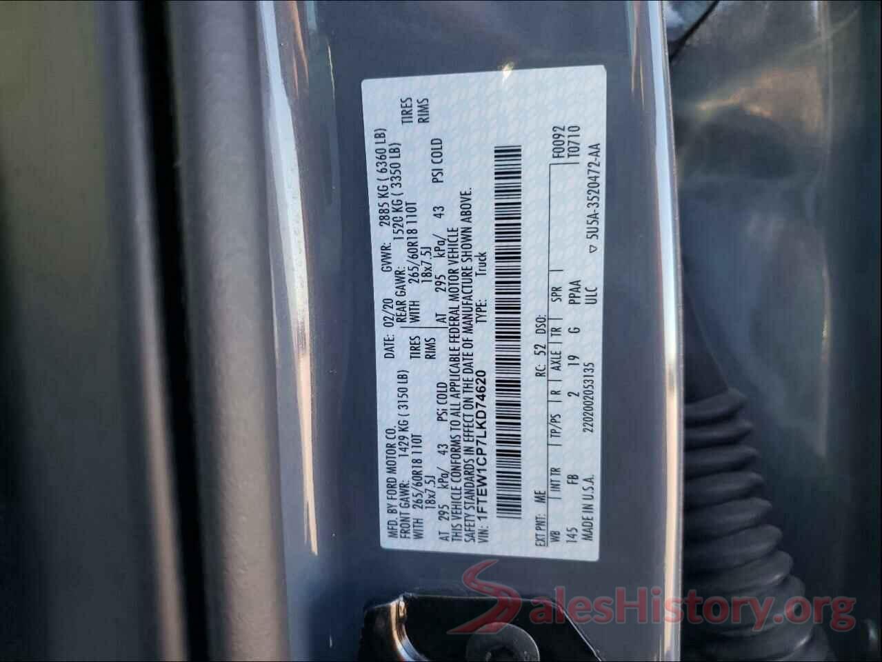 1FTEW1CP7LKD74620 2020 FORD F150