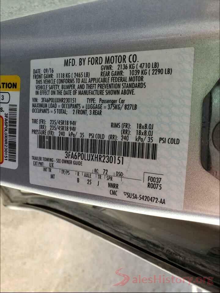 3FA6P0LUXHR230151 2017 FORD FUSION