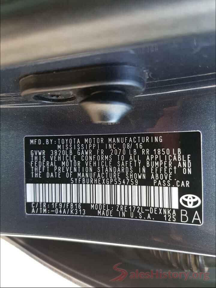 5YFBURHEXGP554759 2016 TOYOTA COROLLA