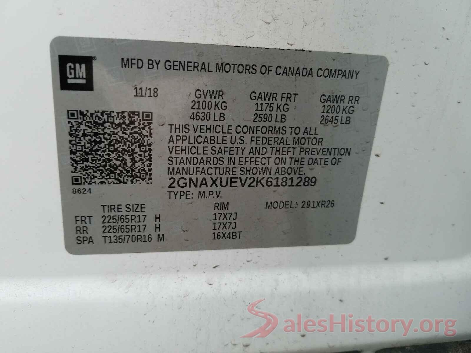 2GNAXUEV2K6181289 2019 CHEVROLET EQUINOX