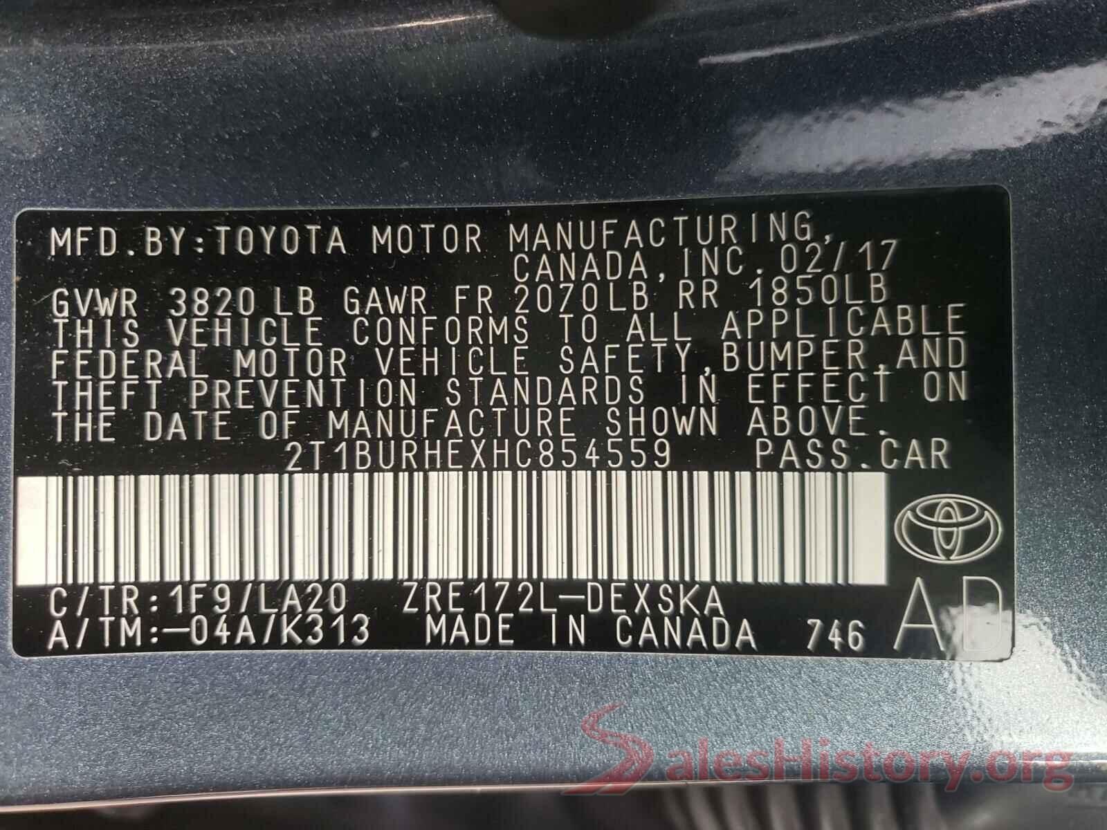 2T1BURHEXHC854559 2017 TOYOTA COROLLA