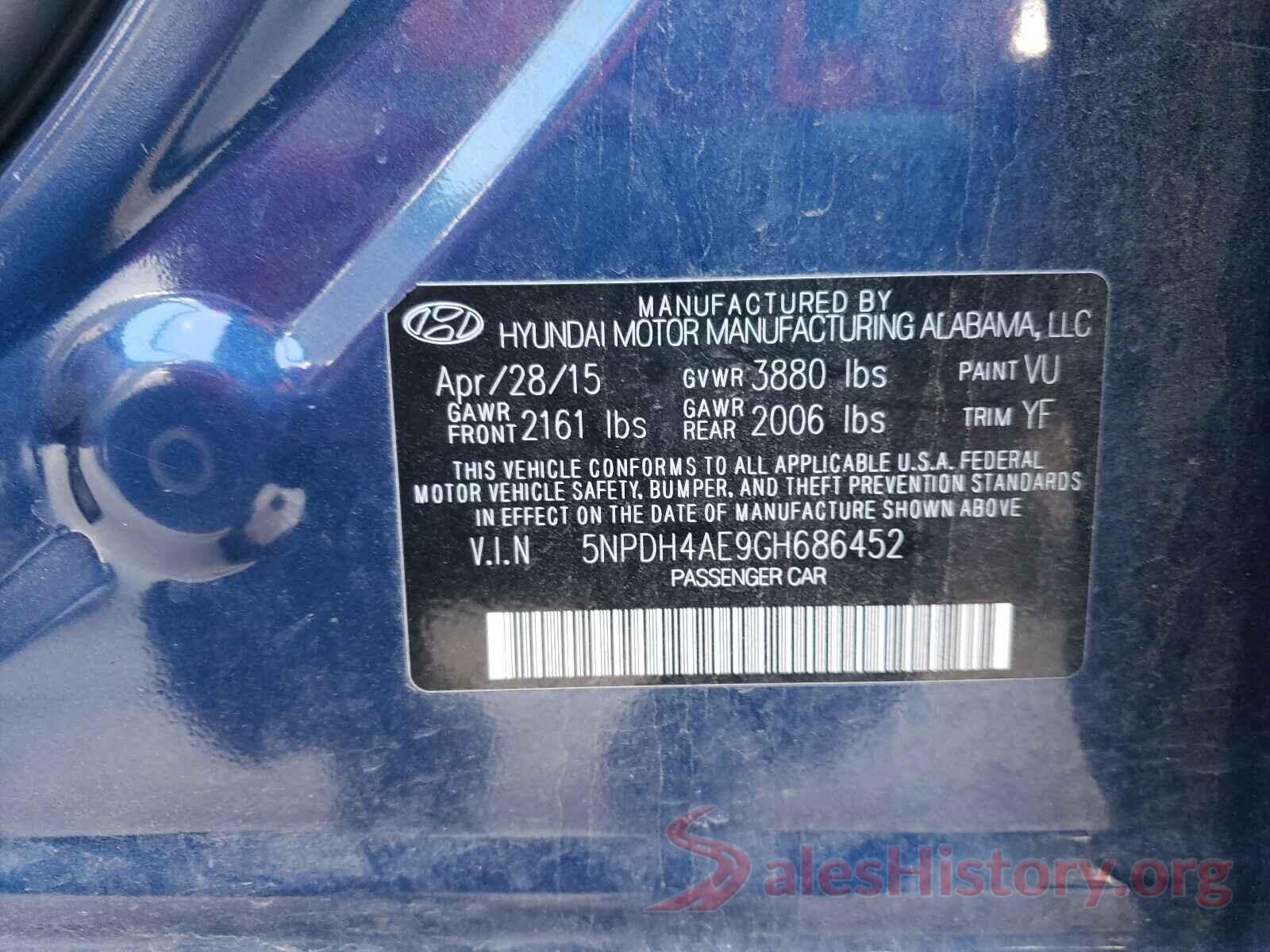 5NPDH4AE9GH686452 2016 HYUNDAI ELANTRA