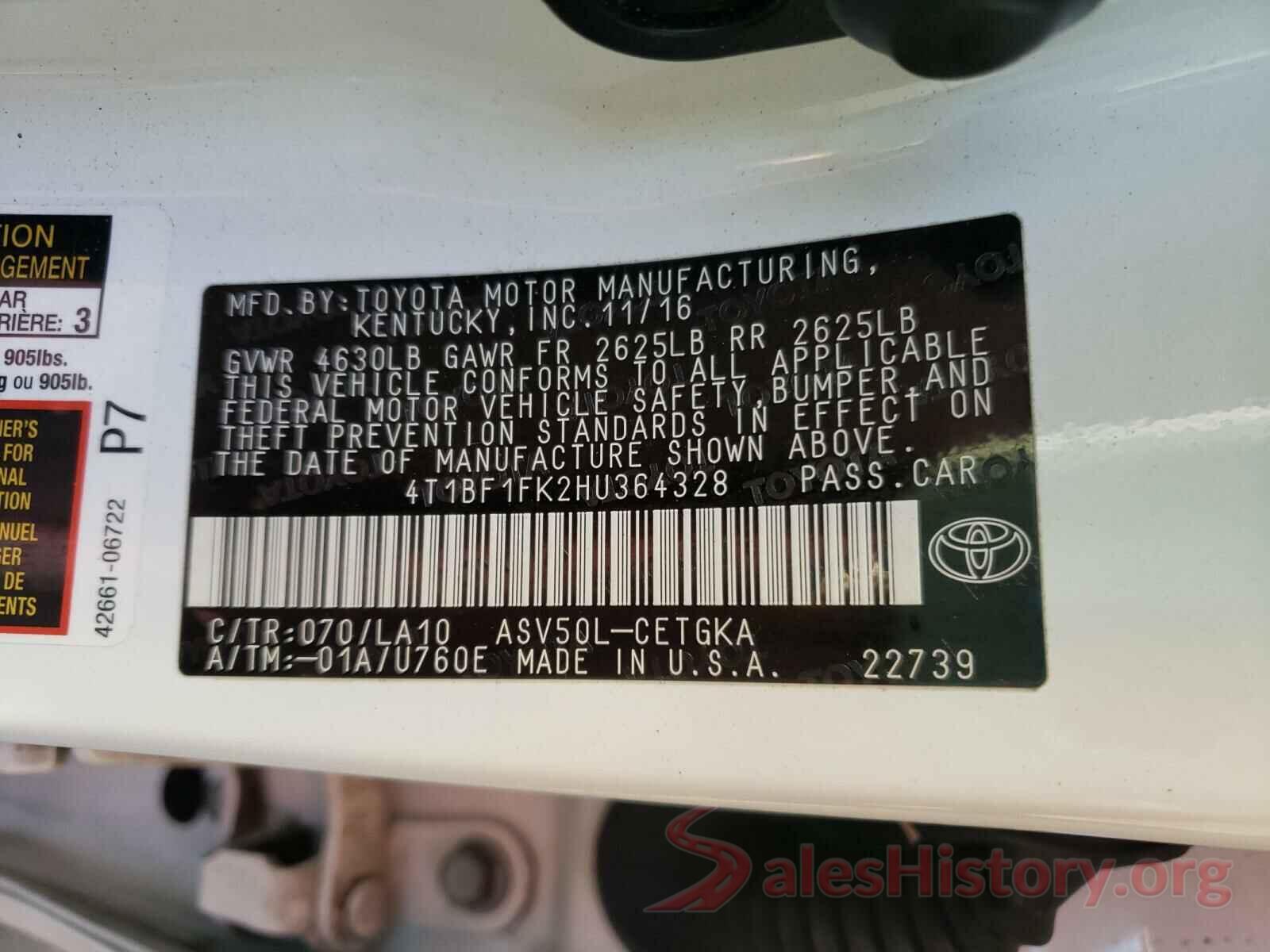 4T1BF1FK2HU364328 2017 TOYOTA CAMRY