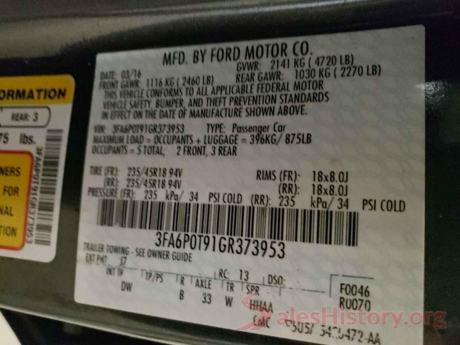 3FA6P0T91GR373953 2016 FORD FUSION