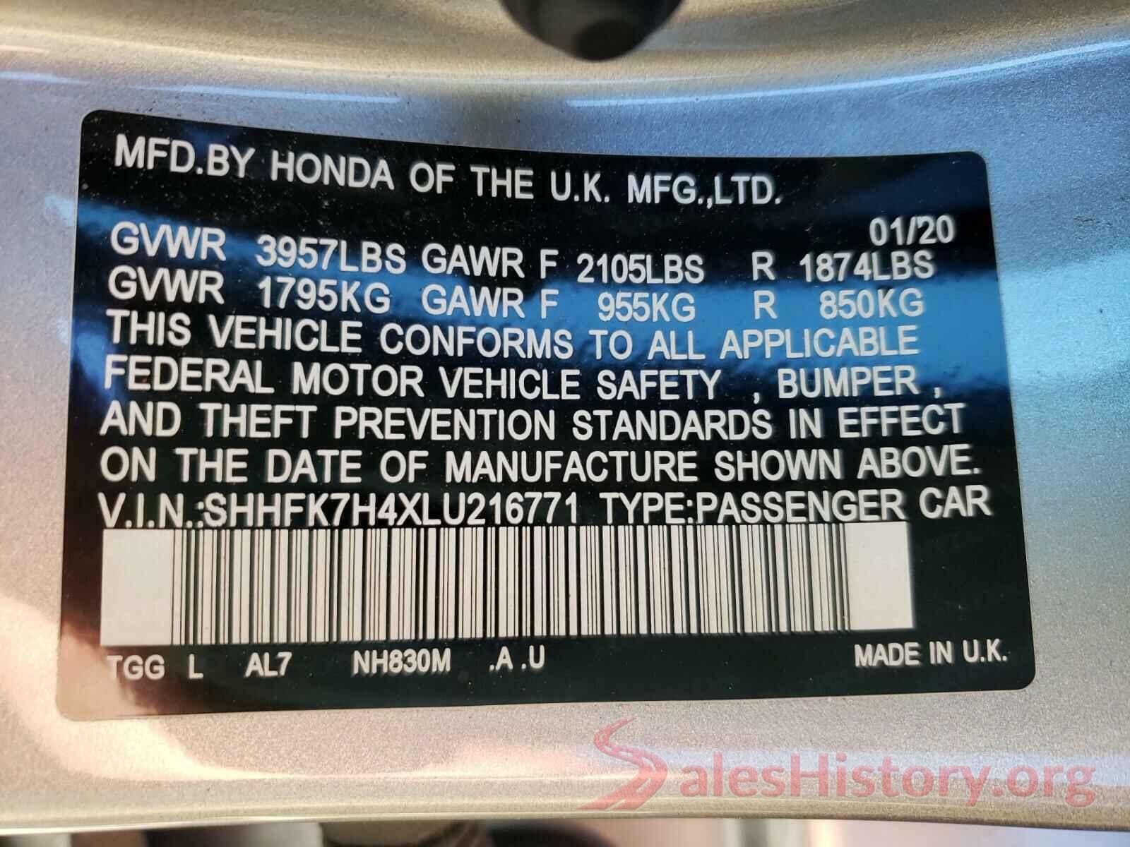 SHHFK7H4XLU216771 2020 HONDA CIVIC