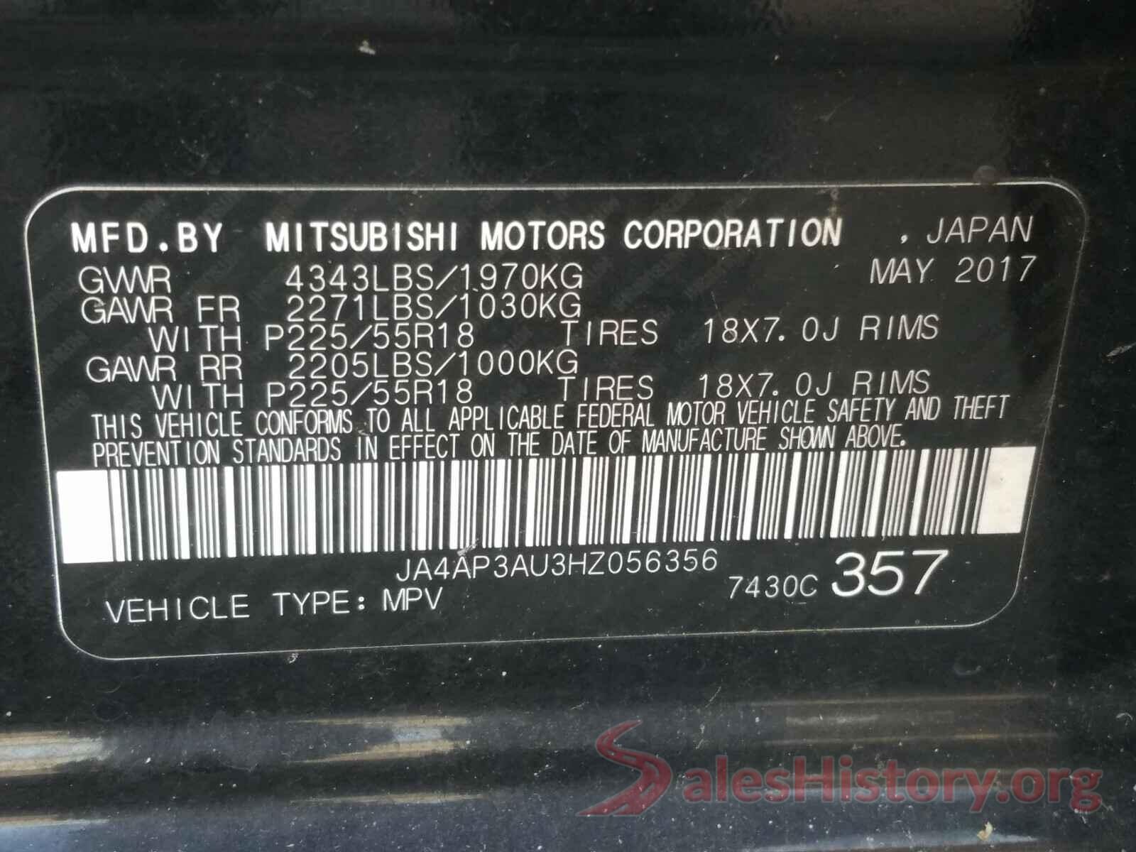 JA4AP3AU3HZ056356 2017 MITSUBISHI OUTLANDER