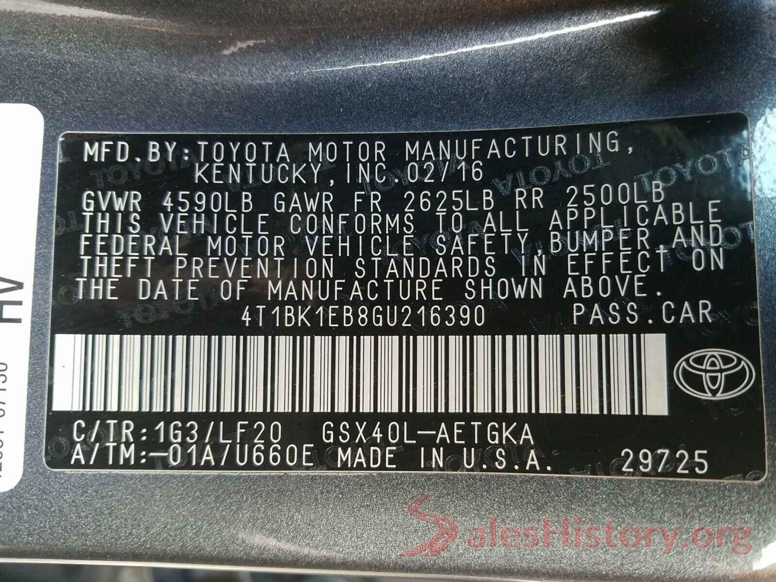 4T1BK1EB8GU216390 2016 TOYOTA AVALON