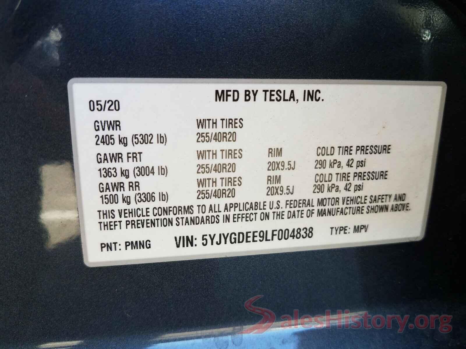 5YJYGDEE9LF004838 2020 TESLA MODEL Y