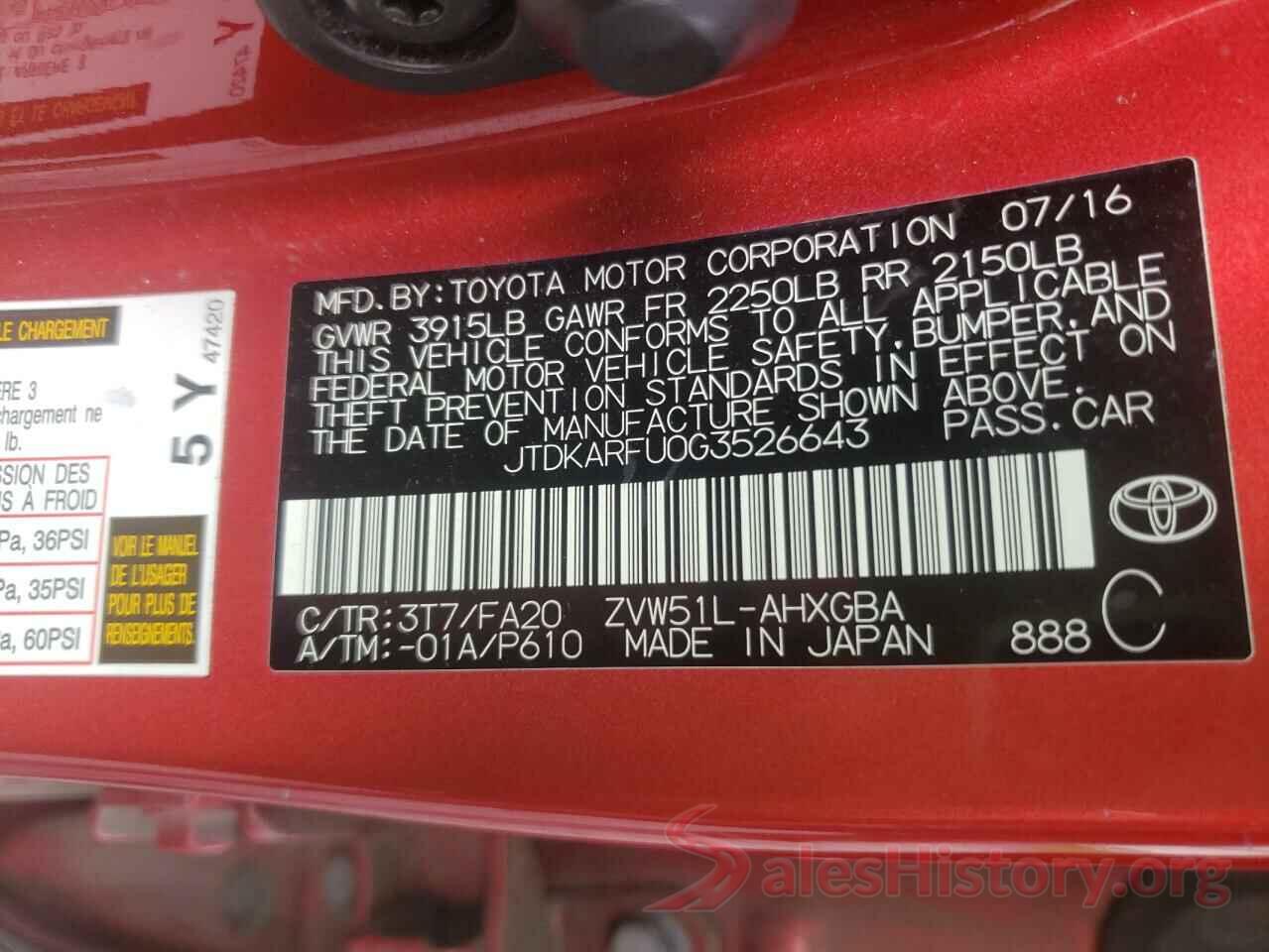 JTDKARFU0G3526643 2016 TOYOTA PRIUS