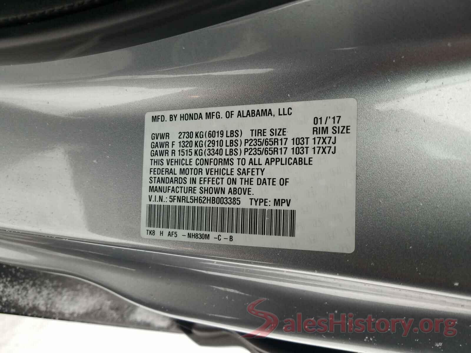 5FNRL5H62HB003385 2017 HONDA ODYSSEY