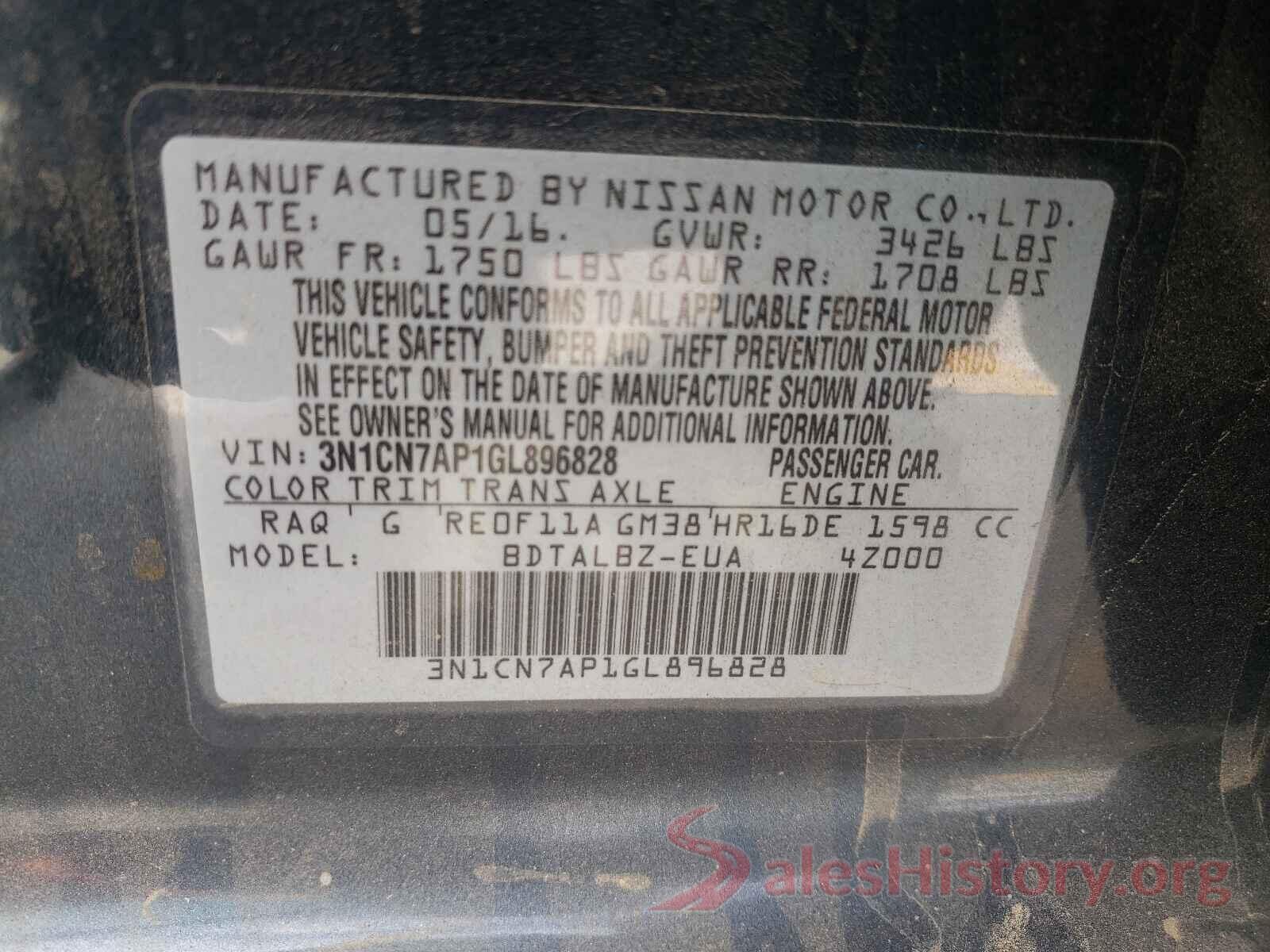 3N1CN7AP1GL896828 2016 NISSAN VERSA