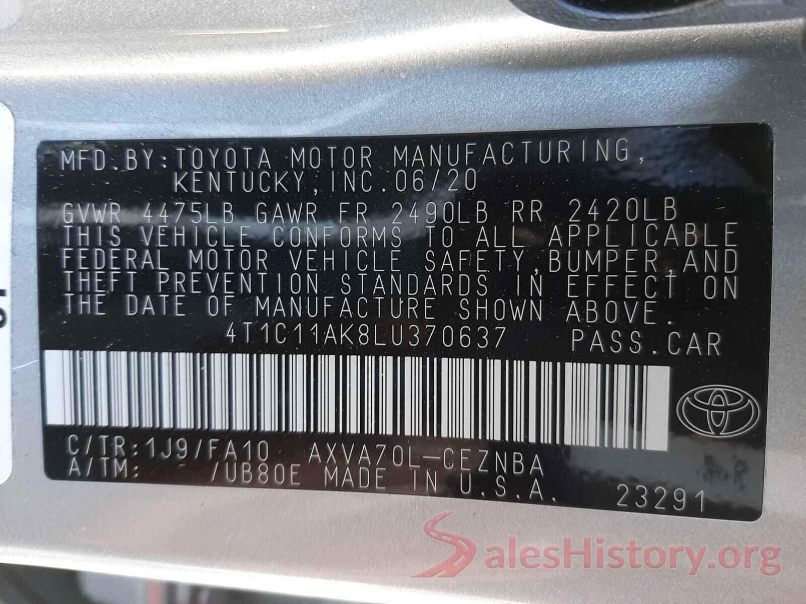 4T1C11AK8LU370637 2020 TOYOTA CAMRY