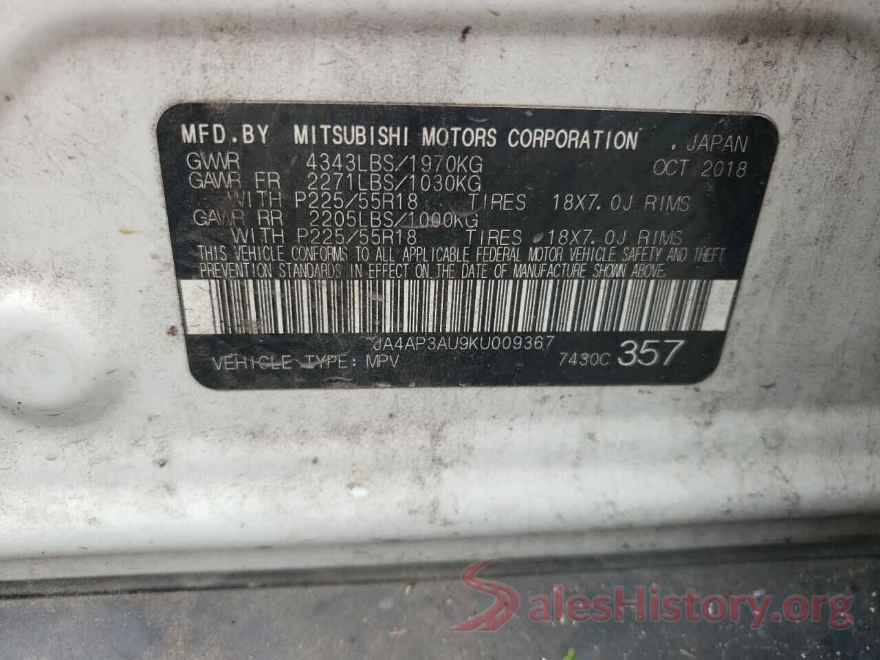 JA4AP3AU9KU009367 2019 MITSUBISHI OUTLANDER