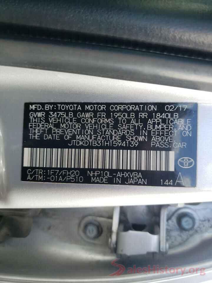 JTDKDTB31H1594139 2017 TOYOTA PRIUS