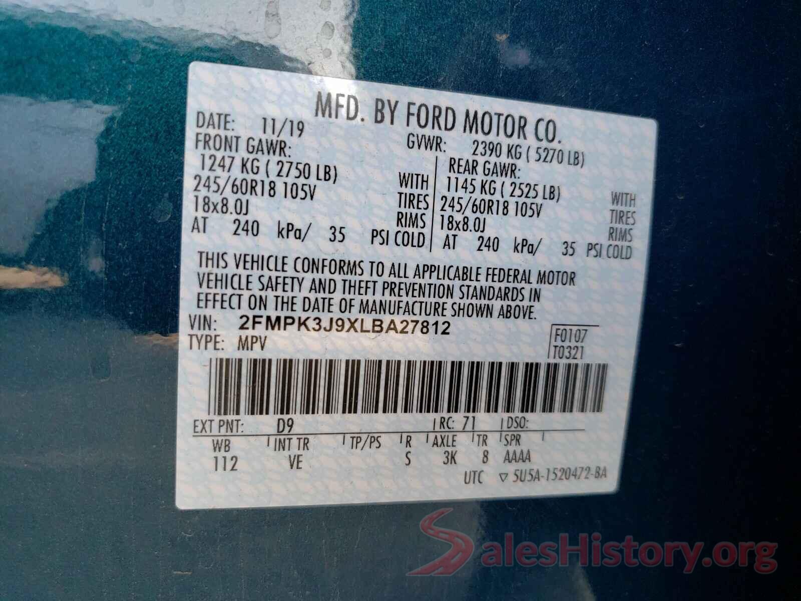 2FMPK3J9XLBA27812 2020 FORD EDGE