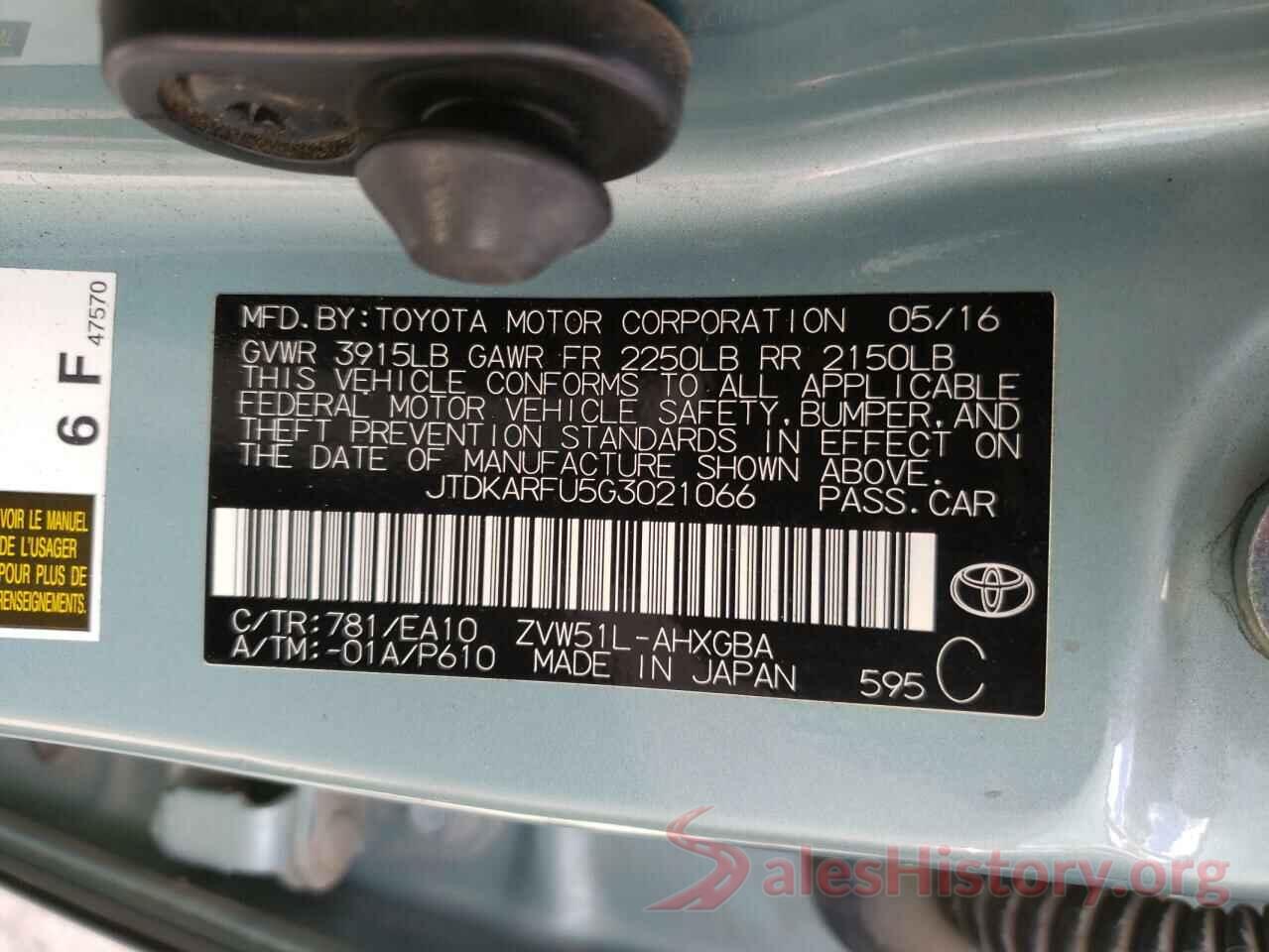 JTDKARFU5G3021066 2016 TOYOTA PRIUS