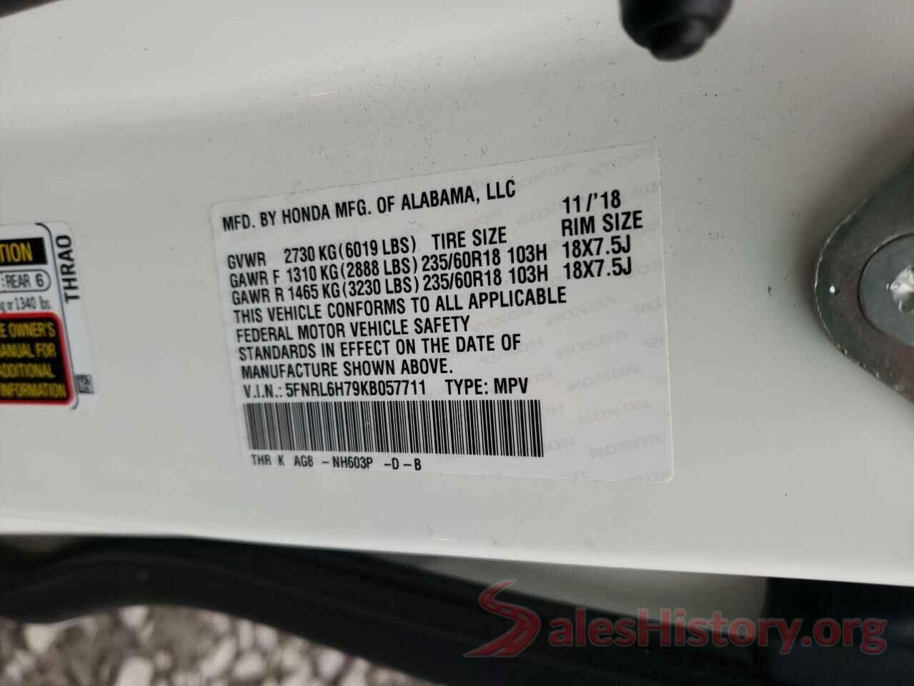 5FNRL6H79KB057711 2019 HONDA ODYSSEY