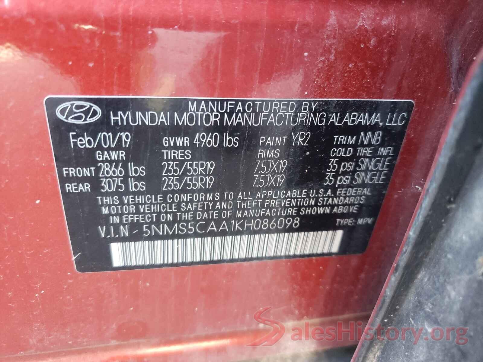 5NMS5CAA1KH086098 2019 HYUNDAI SANTA FE