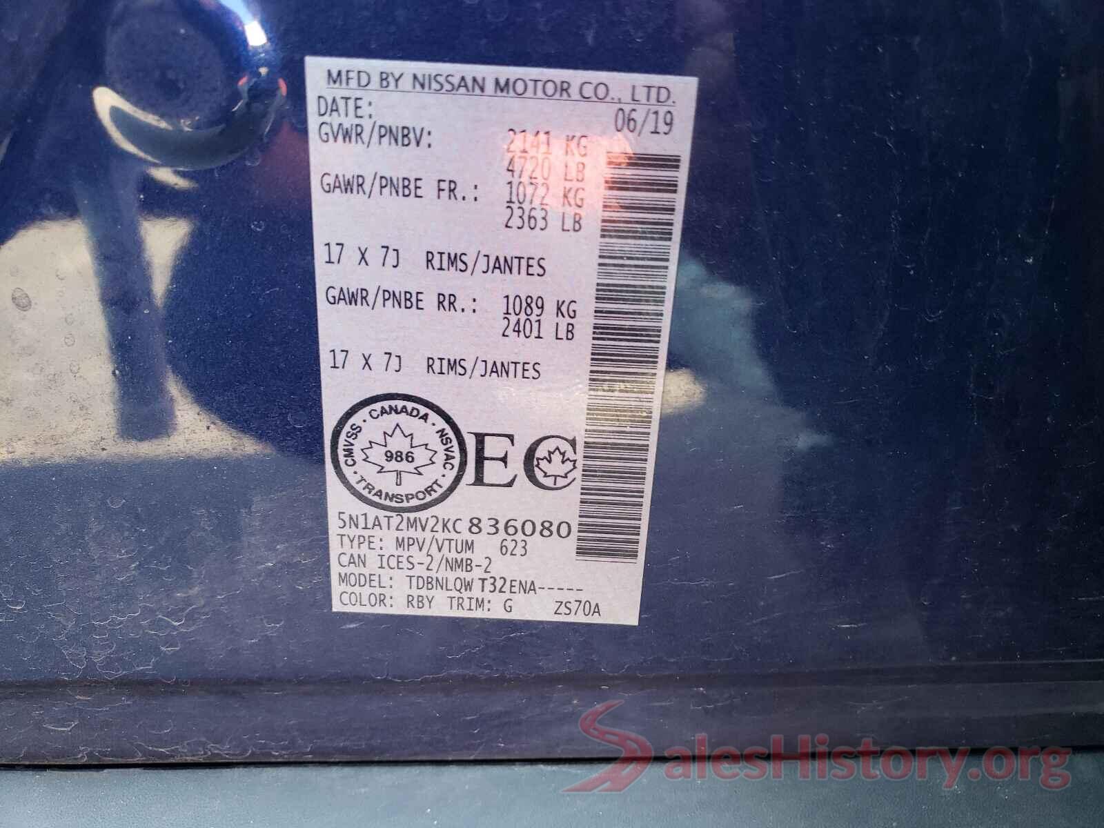 5N1AT2MV2KC836080 2019 NISSAN ROGUE