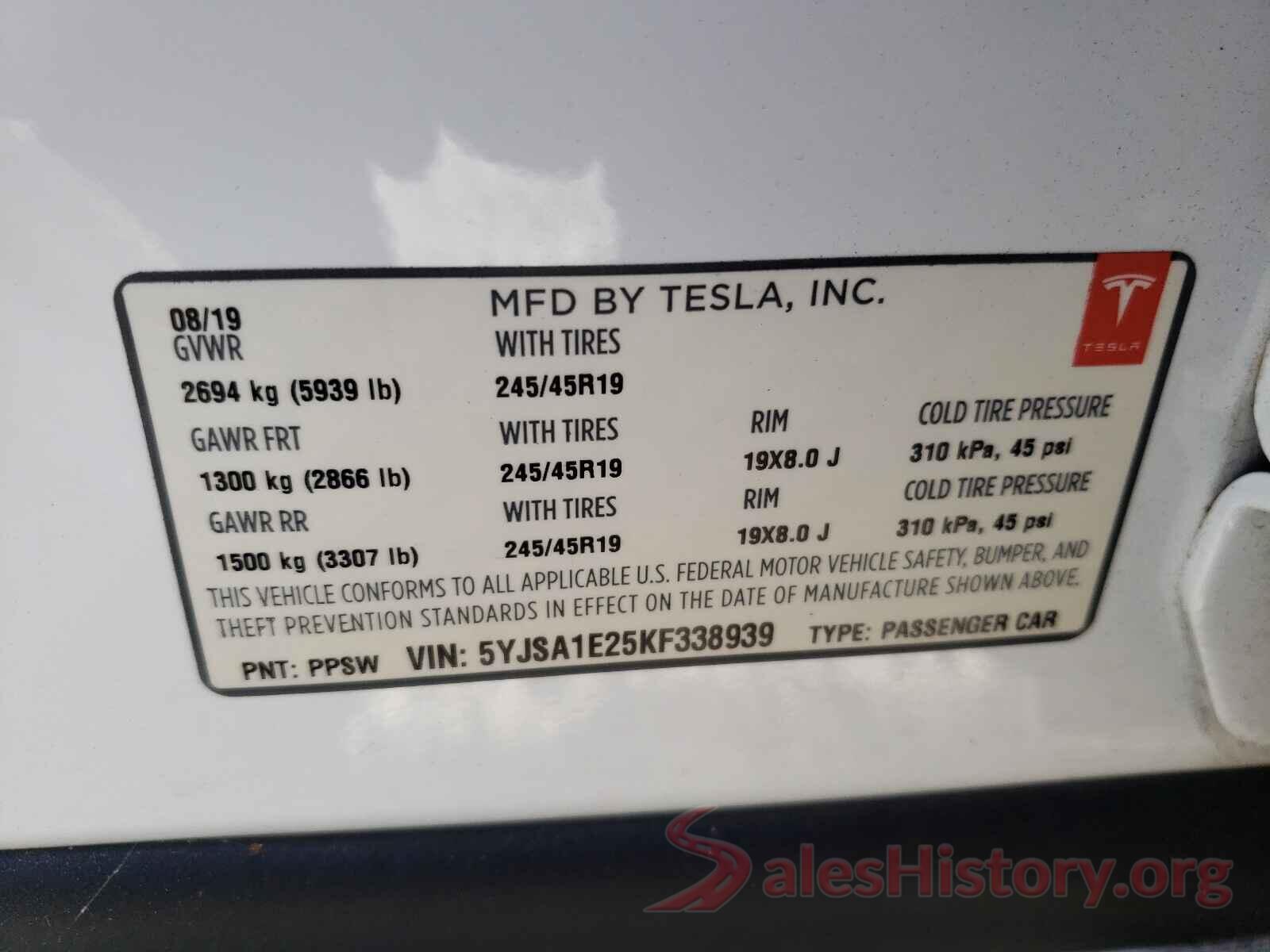 5YJSA1E25KF338939 2019 TESLA MODEL S