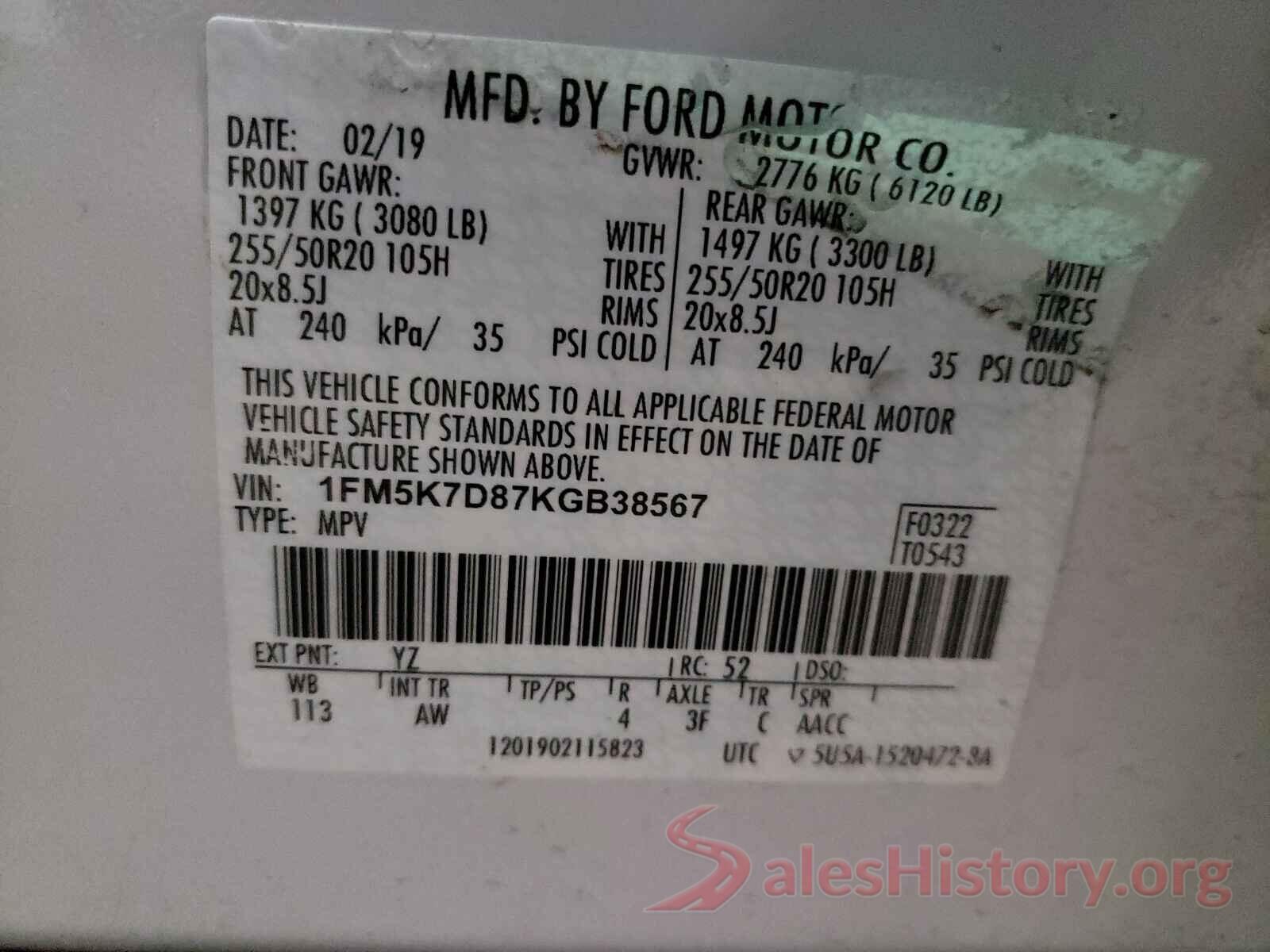 1FM5K7D87KGB38567 2019 FORD EXPLORER