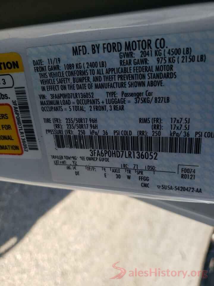 3FA6P0HD7LR136052 2020 FORD FUSION