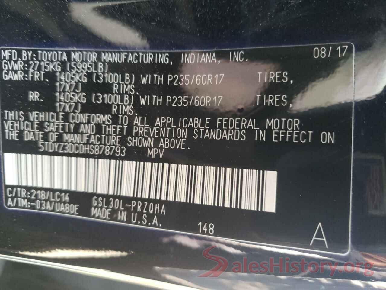 5TDYZ3DC0HS878793 2017 TOYOTA SIENNA