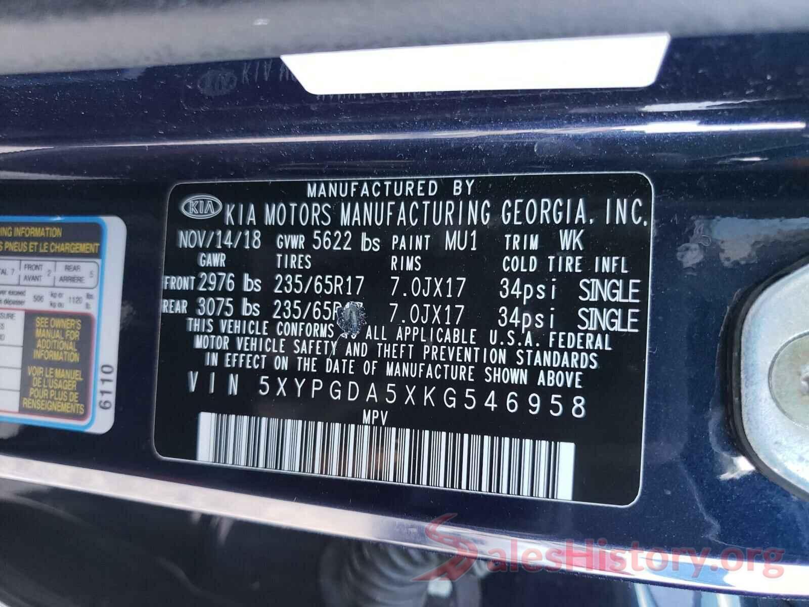 5XYPGDA5XKG546958 2019 KIA SORENTO