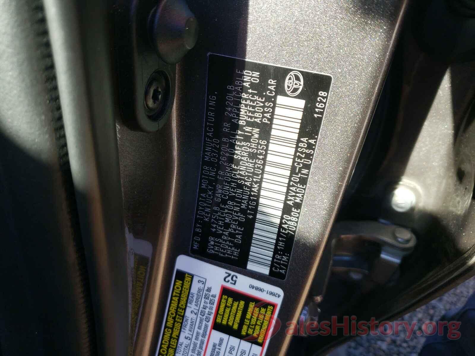 4T1G11AK1LU364356 2020 TOYOTA CAMRY