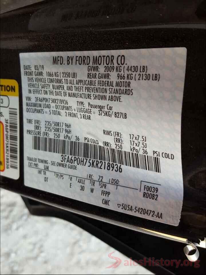 3FA6P0H75KR218936 2019 FORD FUSION