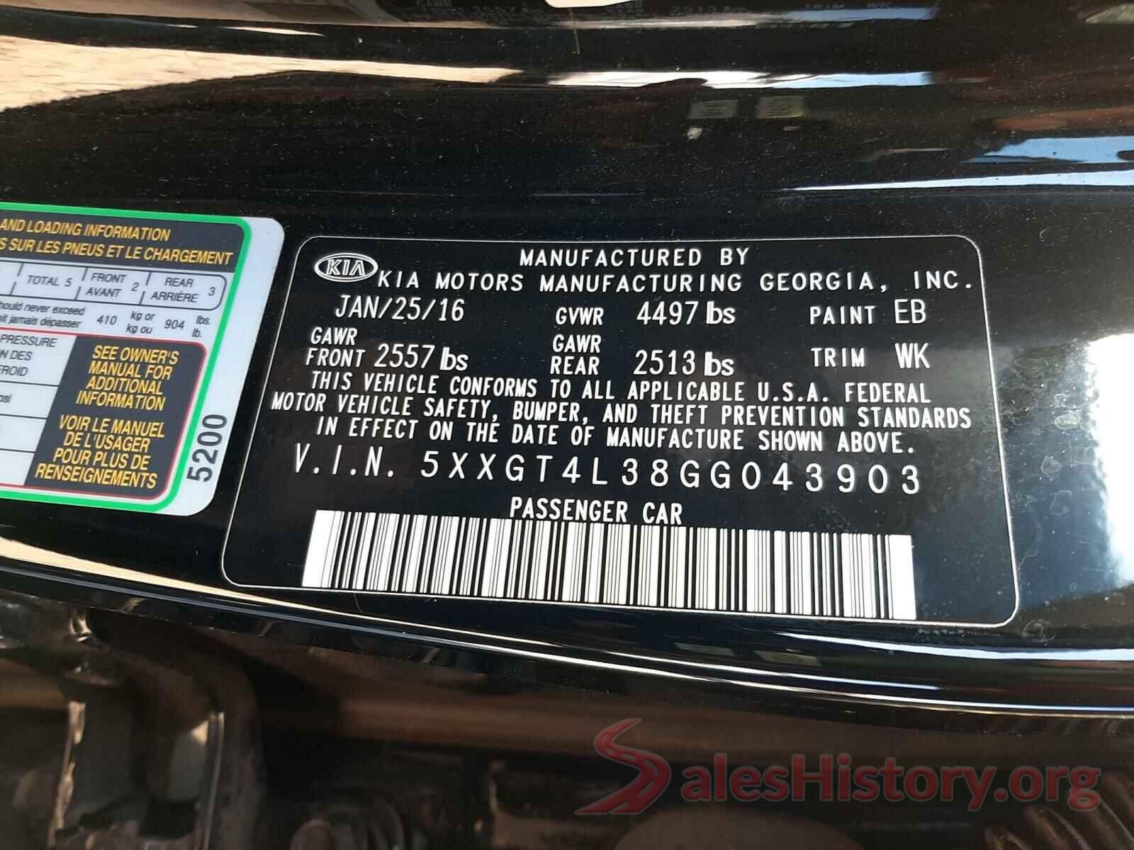 5XXGT4L38GG043903 2016 KIA OPTIMA