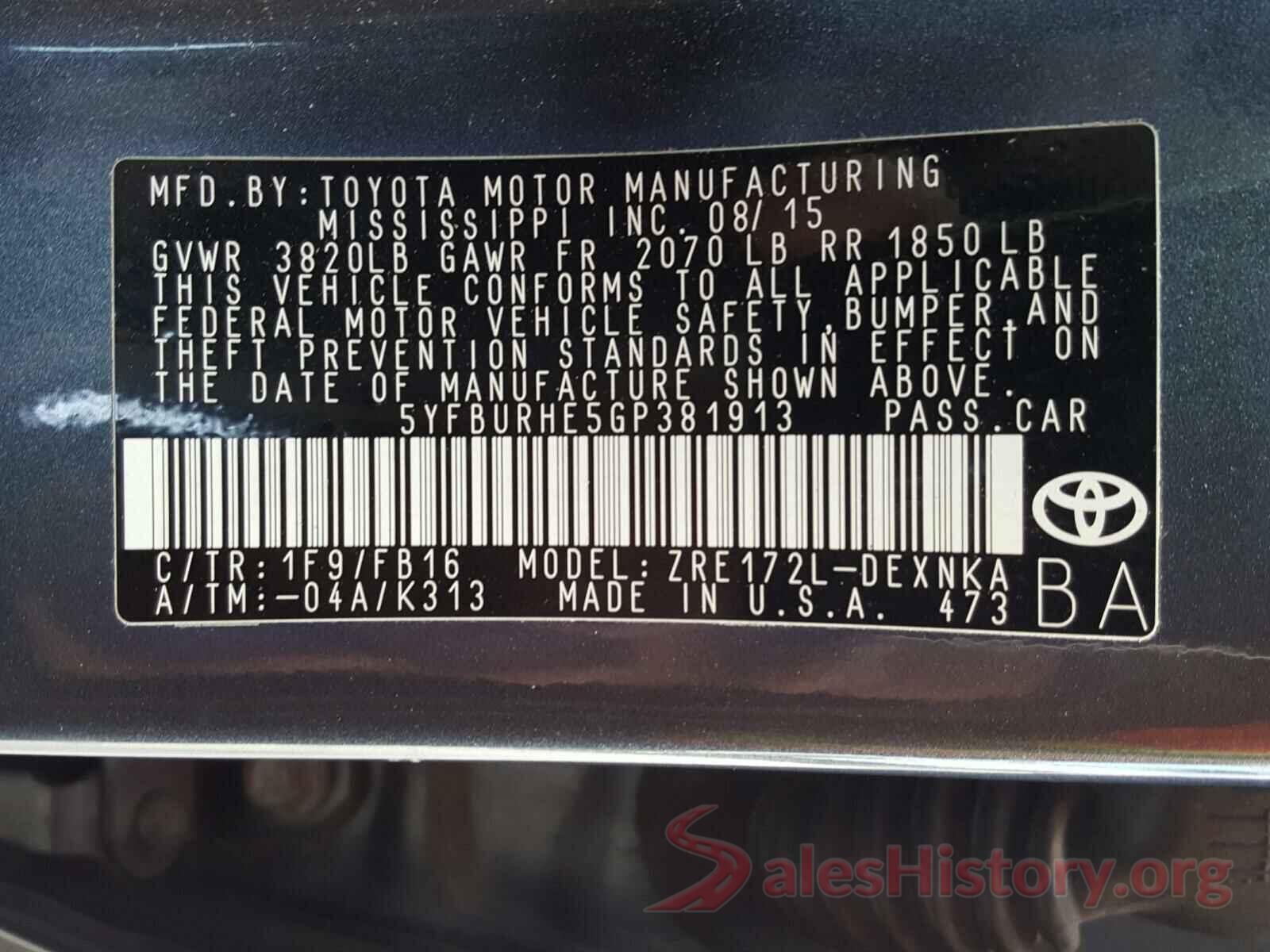 5YFBURHE5GP381913 2016 TOYOTA COROLLA