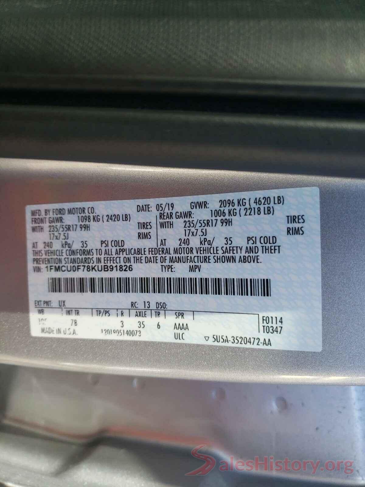 1FMCU0F78KUB91826 2019 FORD ESCAPE