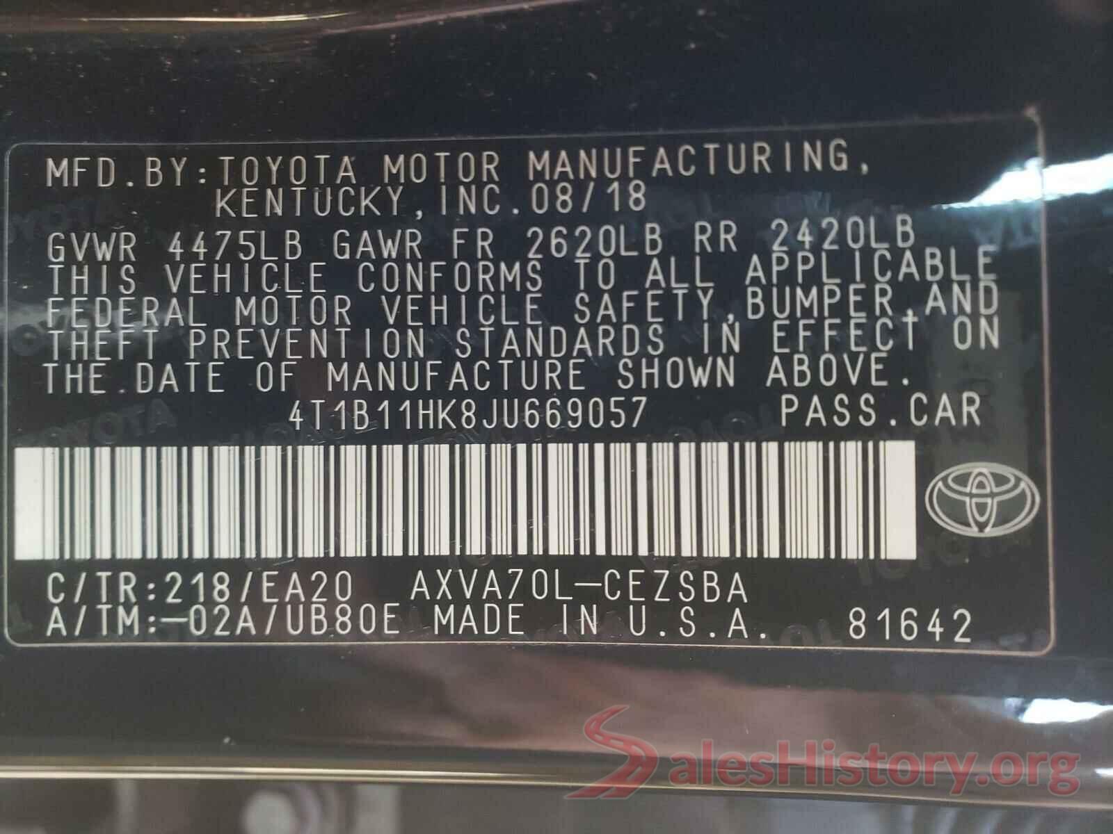 4T1B11HK8JU669057 2018 TOYOTA CAMRY