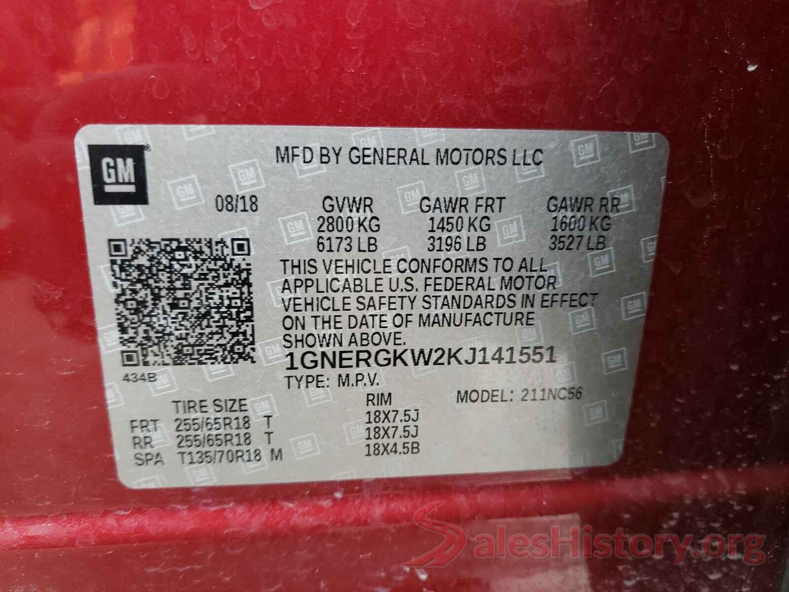 1GNERGKW2KJ141551 2019 CHEVROLET TRAVERSE