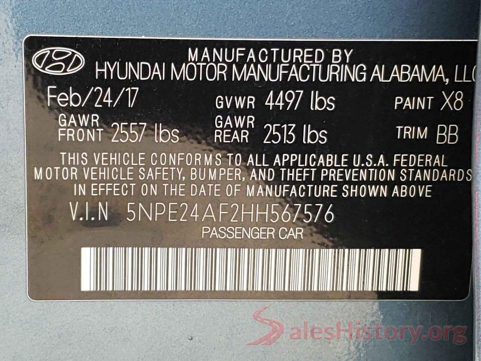 5NPE24AF2HH567576 2017 HYUNDAI SONATA