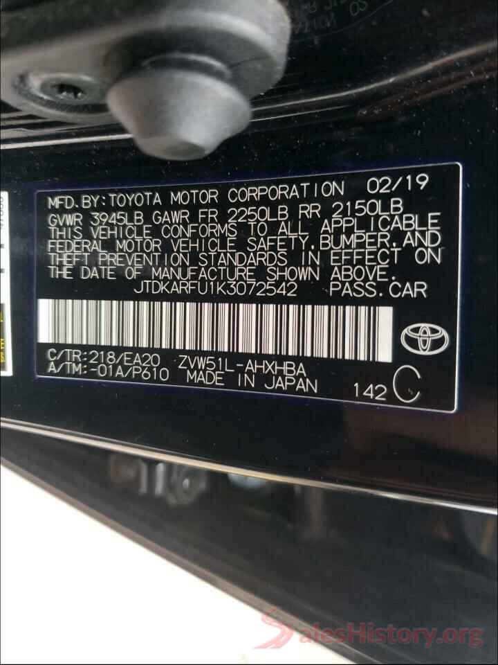 JTDKARFU1K3072542 2019 TOYOTA PRIUS