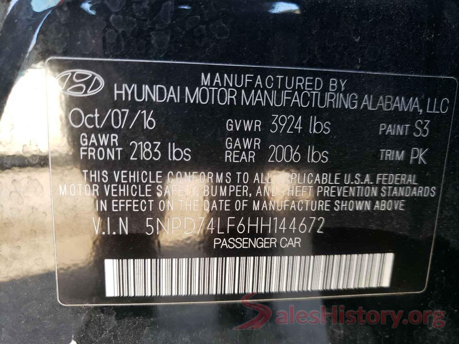 5NPD74LF6HH144672 2017 HYUNDAI ELANTRA