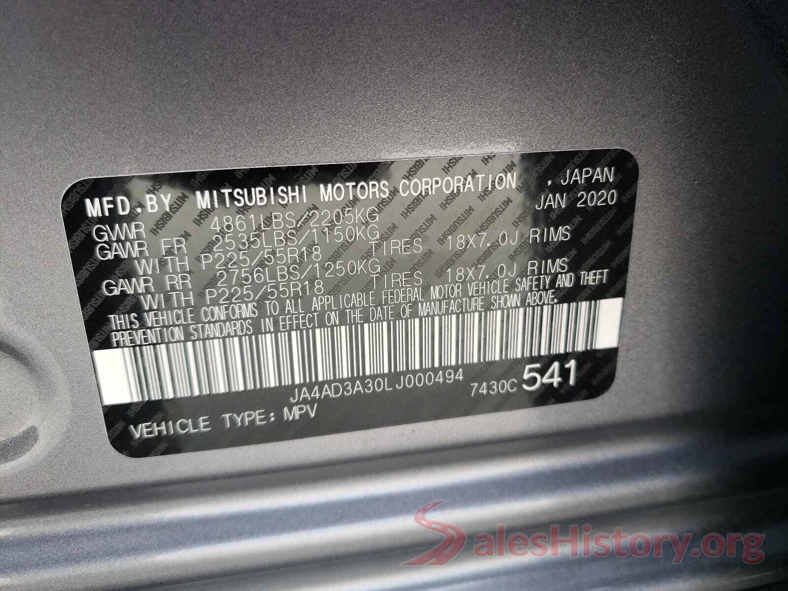 JA4AD3A30LJ000494 2020 MITSUBISHI OUTLANDER