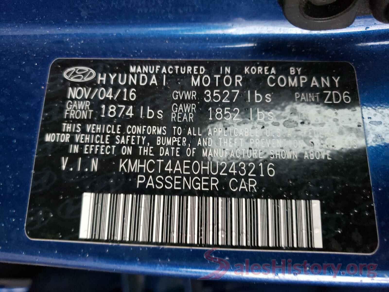 KMHCT4AE0HU243216 2017 HYUNDAI ACCENT