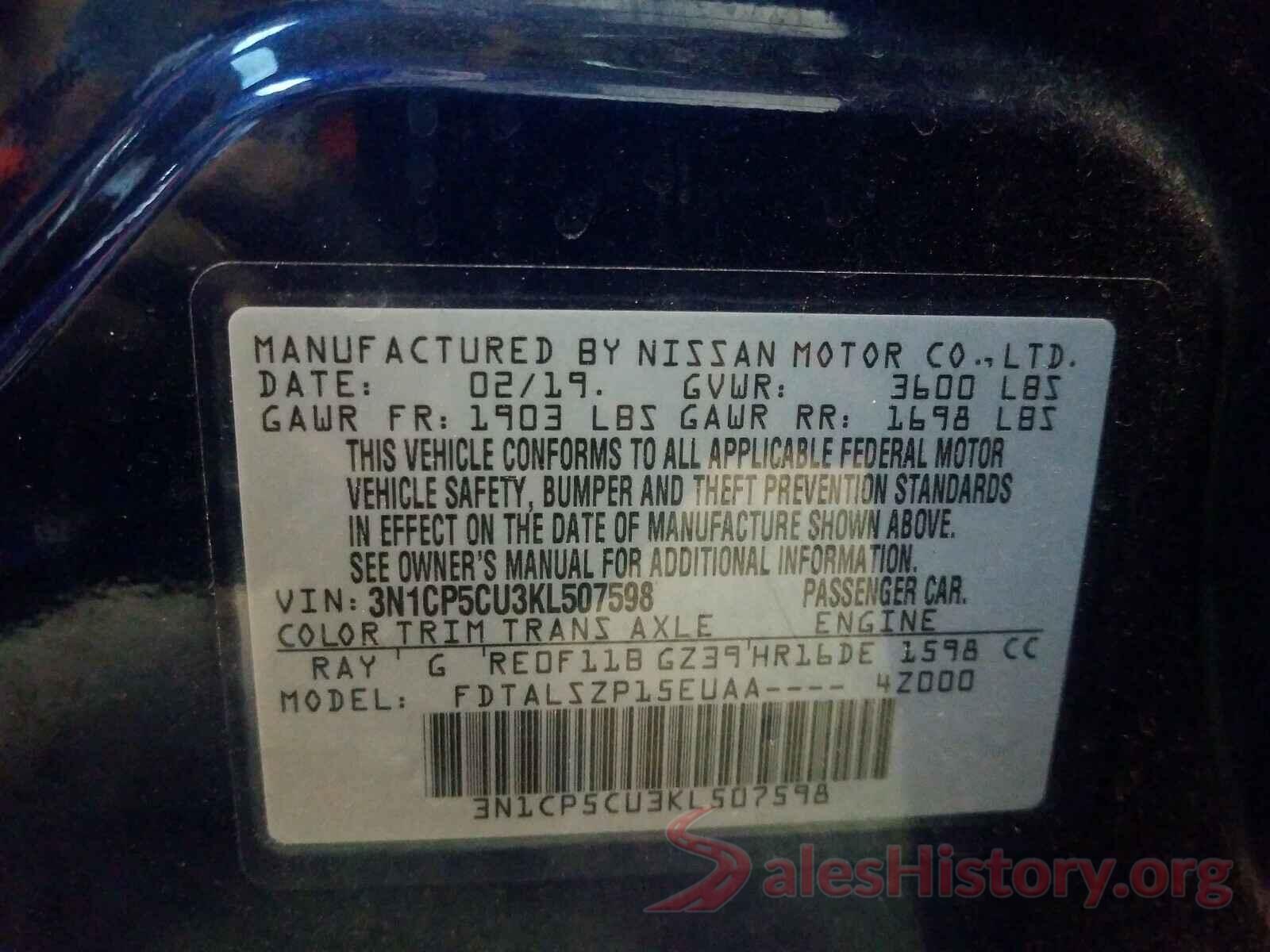 3N1CP5CU3KL507598 2019 NISSAN KICKS