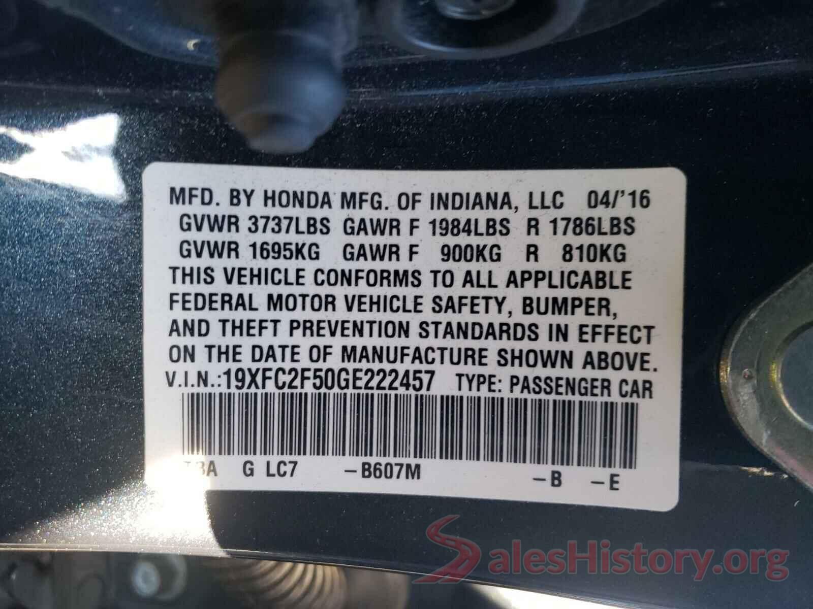 19XFC2F50GE222457 2016 HONDA CIVIC