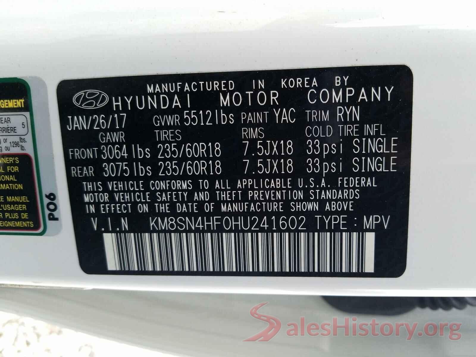 KM8SN4HF0HU241602 2017 HYUNDAI SANTA FE